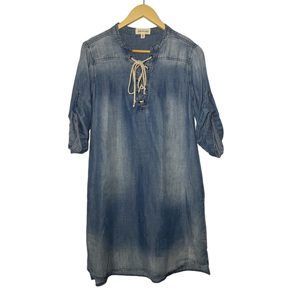 Cloth & Stone Blue Chambray Denim Shift Mini Dress Roll Tab Sleeves Size M Women